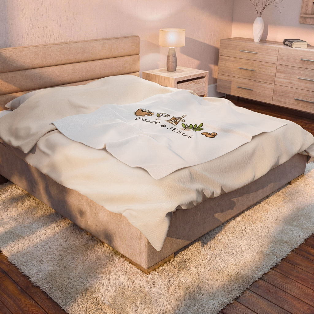 Velveteen Plush Blanket — "Coffee & Jesus" Cozy Christian Decorative Throw