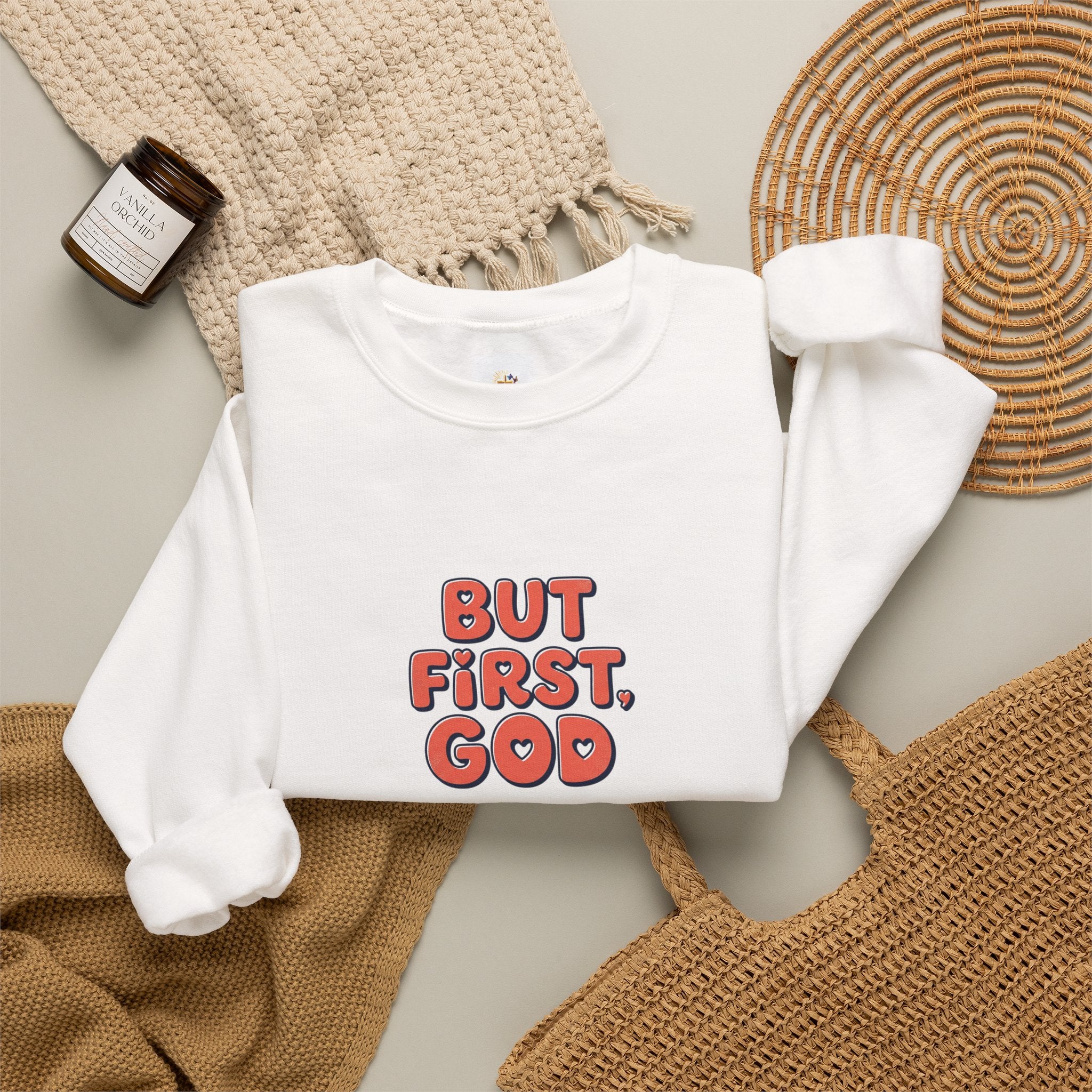 Crewneck Sweatshirt — "But First, God" Retro Script Christian Faith Pullover