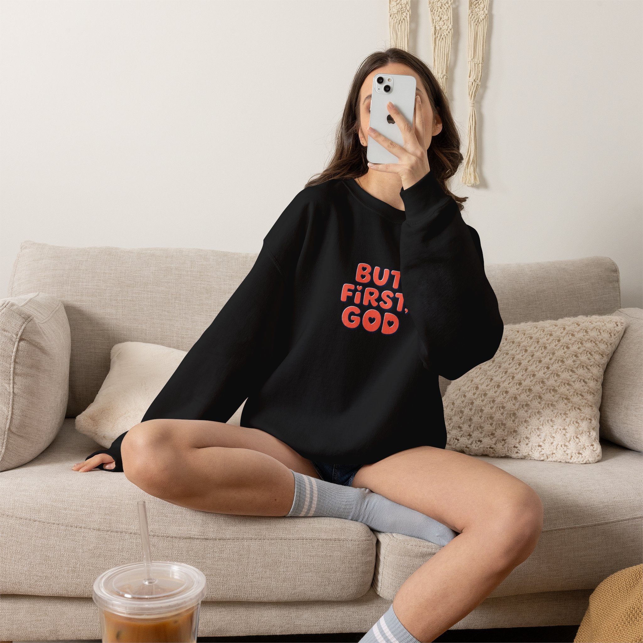 Crewneck Sweatshirt — "But First, God" Retro Script Christian Faith Pullover
