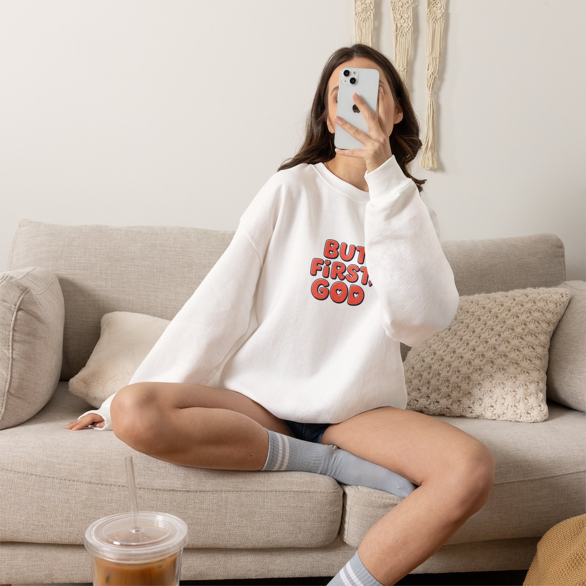 Crewneck Sweatshirt — "But First, God" Retro Script Christian Faith Pullover