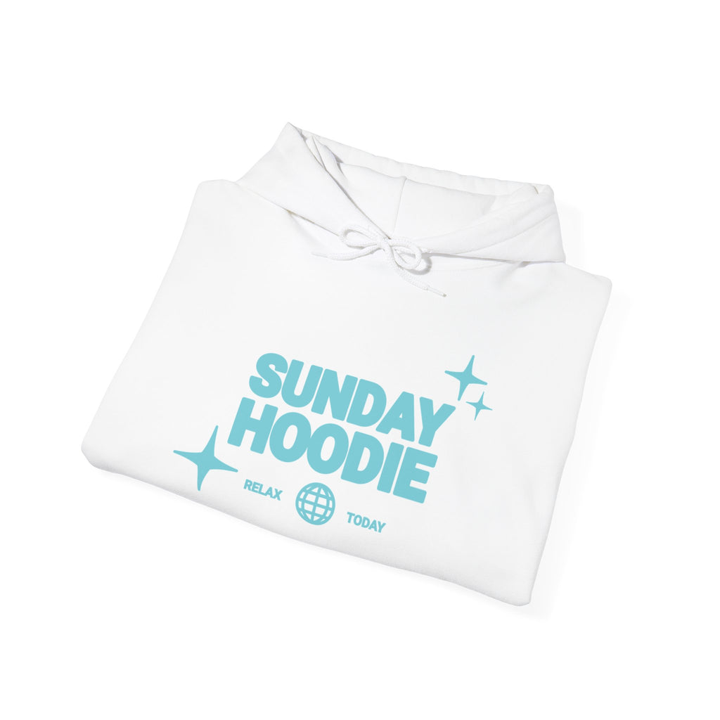 Sunday Hoodie Pullover — Cozy White Hoodie with Retro Aqua Graphic