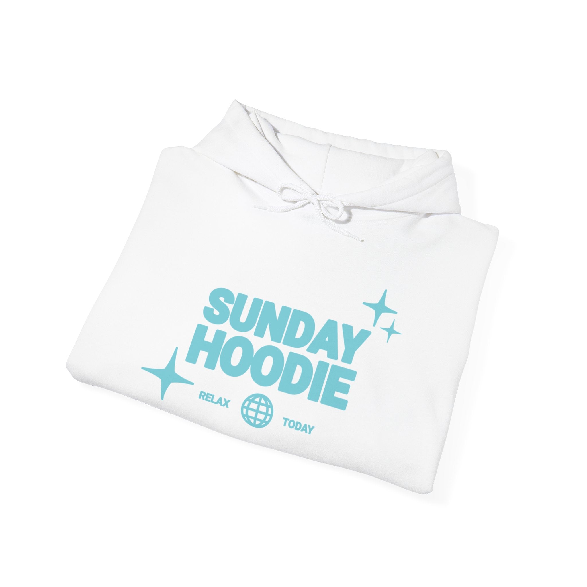 Sunday Hoodie Pullover — Cozy White Hoodie with Retro Aqua Graphic