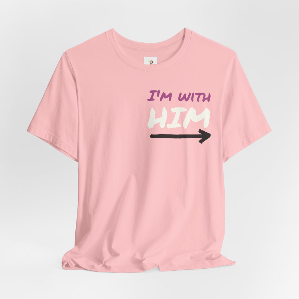 T‑Shirt — "I’m with him, Jesus" Retro Script Chest Logo Tee (Gold)