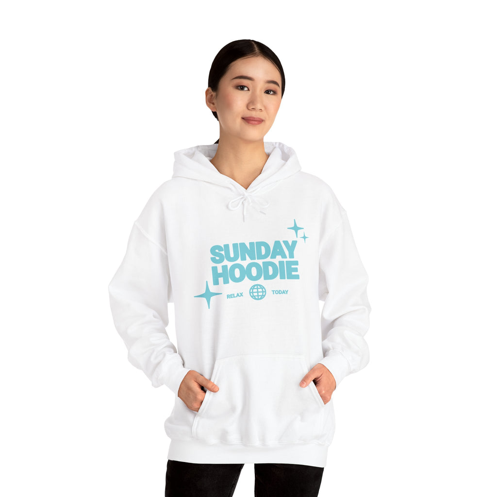 Sunday Hoodie Pullover — Cozy White Hoodie with Retro Aqua Graphic